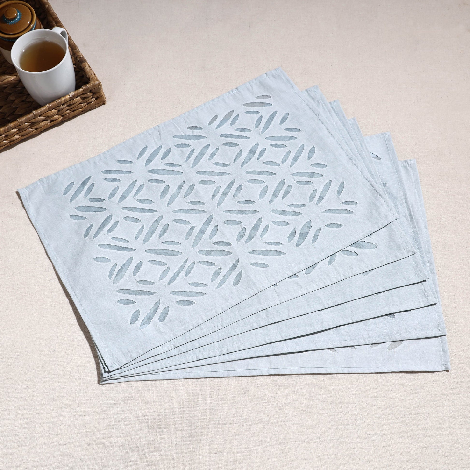 Blue - Applique Cut work Cotton Table Mats (set of 6)
