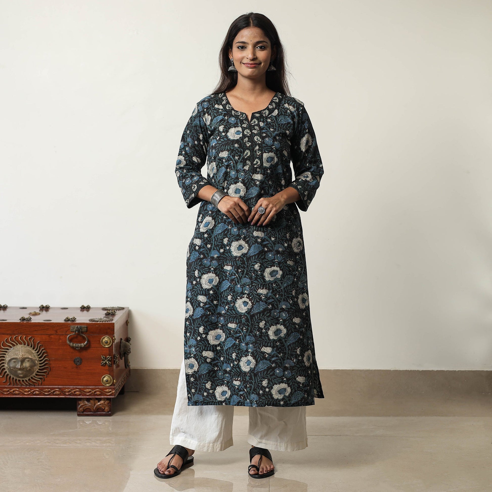 Black - Jahota Block Printed Cotton Straight Kurta 13