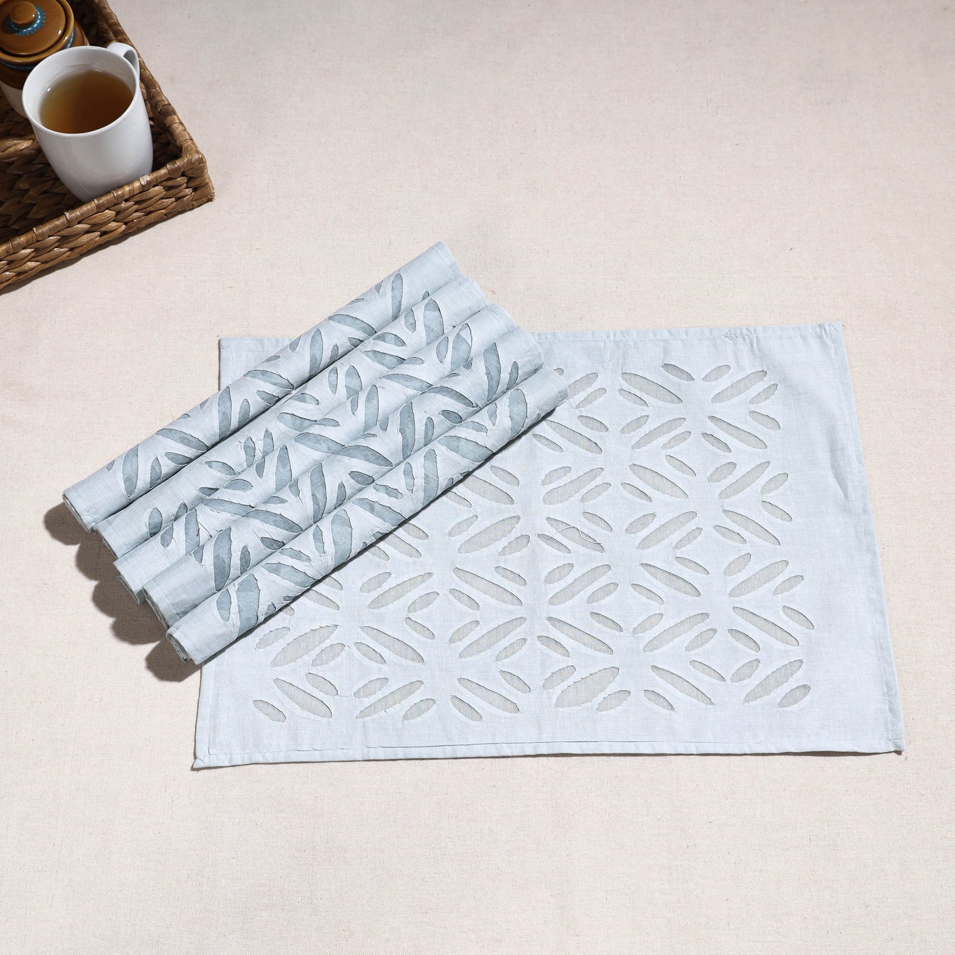 Blue - Applique Cut work Cotton Table Mats (set of 6)