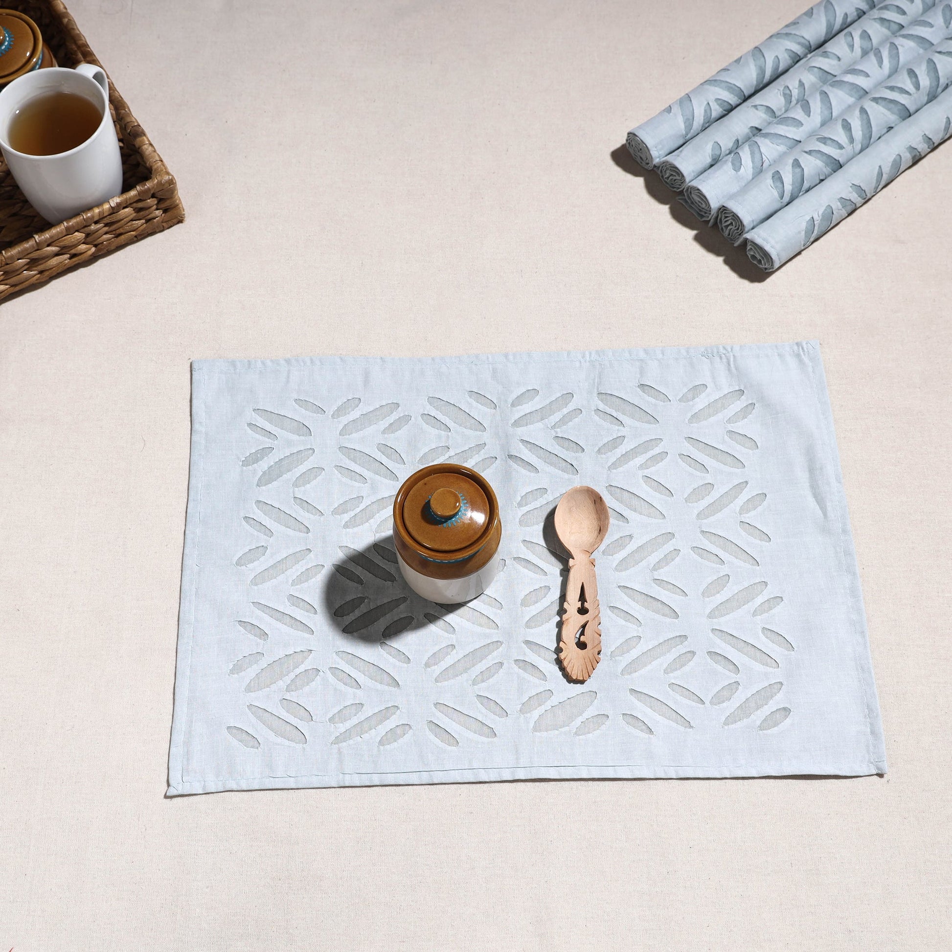 Blue - Applique Cut work Cotton Table Mats (set of 6)
