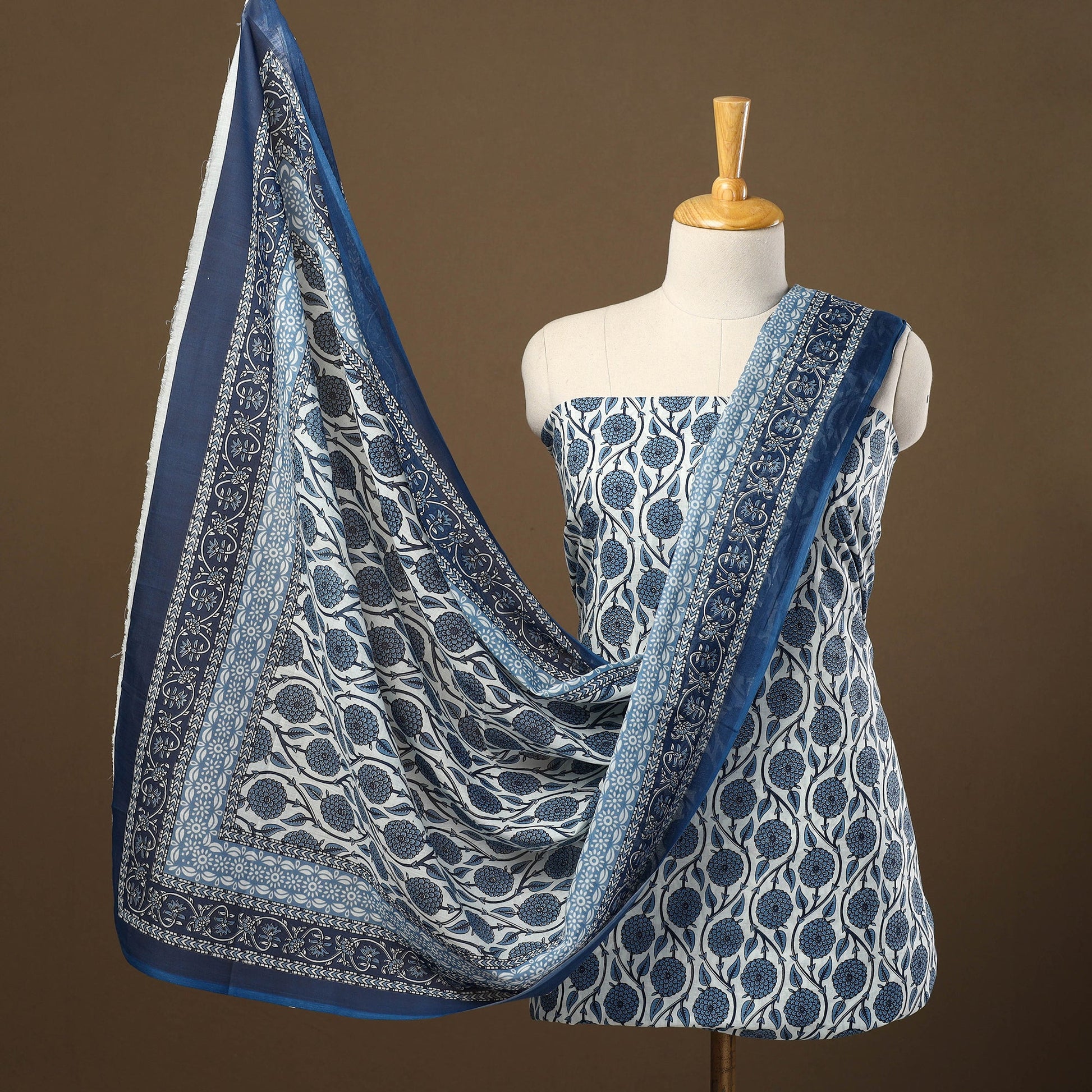 Blue - 3pc Sanganeri Block Print Cotton Dress Material 09