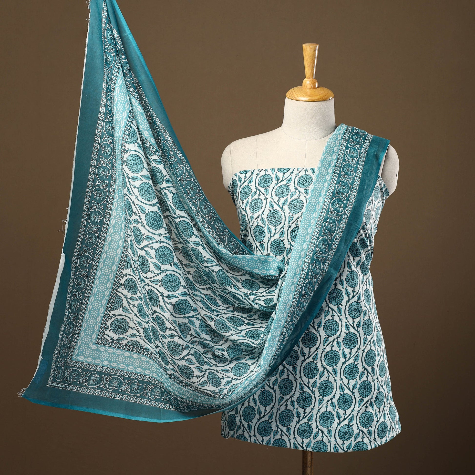 Blue - 3pc Sanganeri Block Print Cotton Dress Material 10