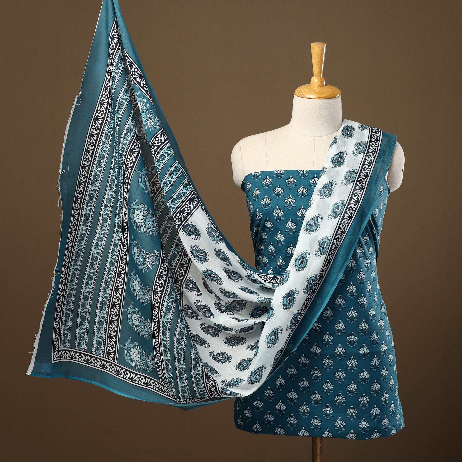 Blue - 3pc Sanganeri Block Print Cotton Dress Material 11