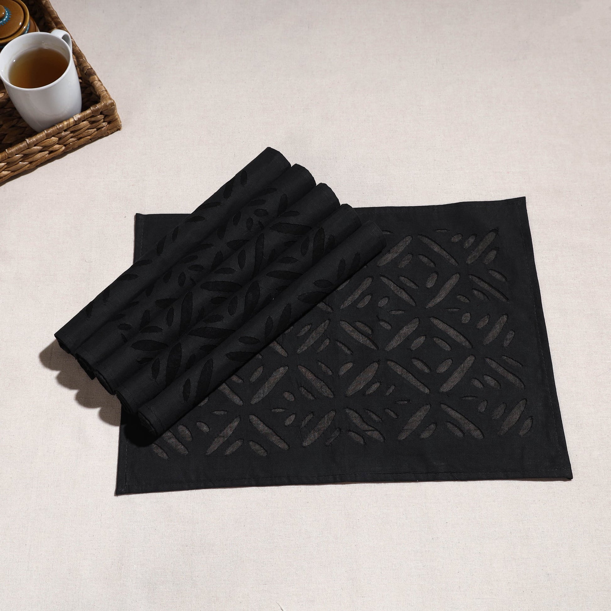 Black - Applique Cut work Cotton Table Mats (set of 6)