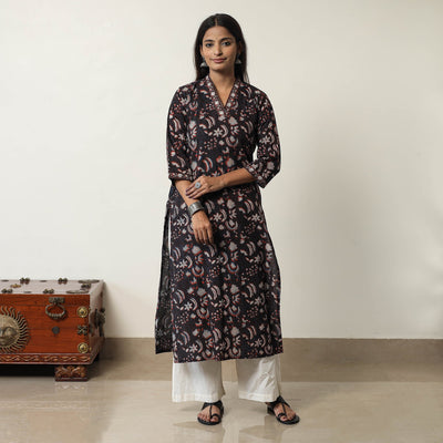 Black - Jahota Block Printed Cotton Straight Kurta 02