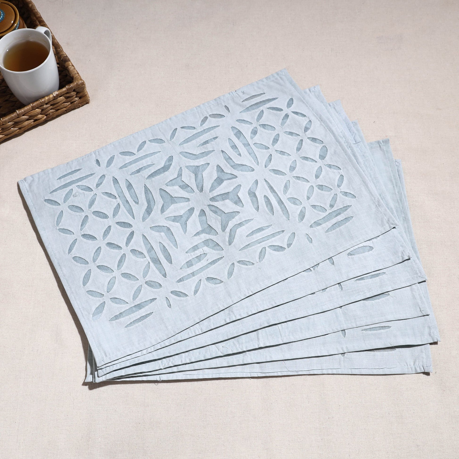 Blue - Applique Cut work Cotton Table Mats (set of 6)