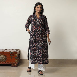 Black - Jahota Block Printed Cotton Straight Kurta 02