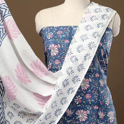 Blue - 3pc Sanganeri Block Print Cotton Dress Material 17