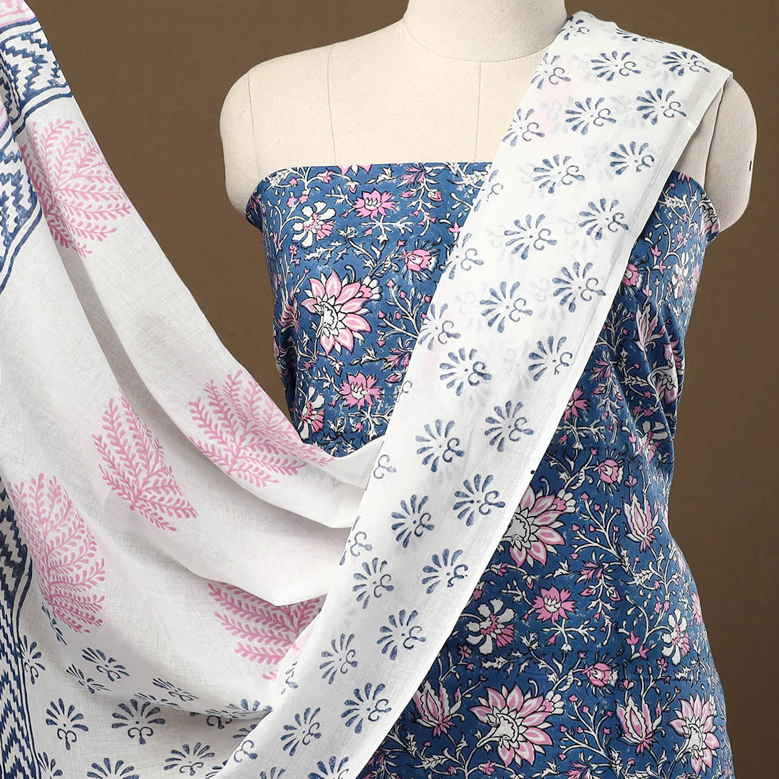 Blue - 3pc Sanganeri Block Print Cotton Dress Material 17