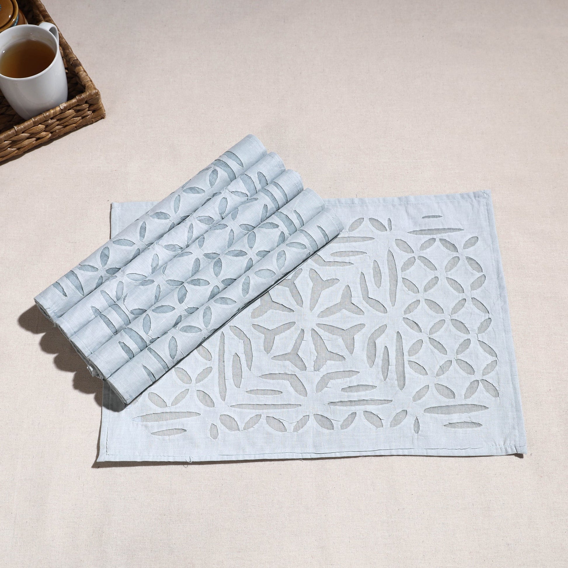 Blue - Applique Cut work Cotton Table Mats (set of 6)