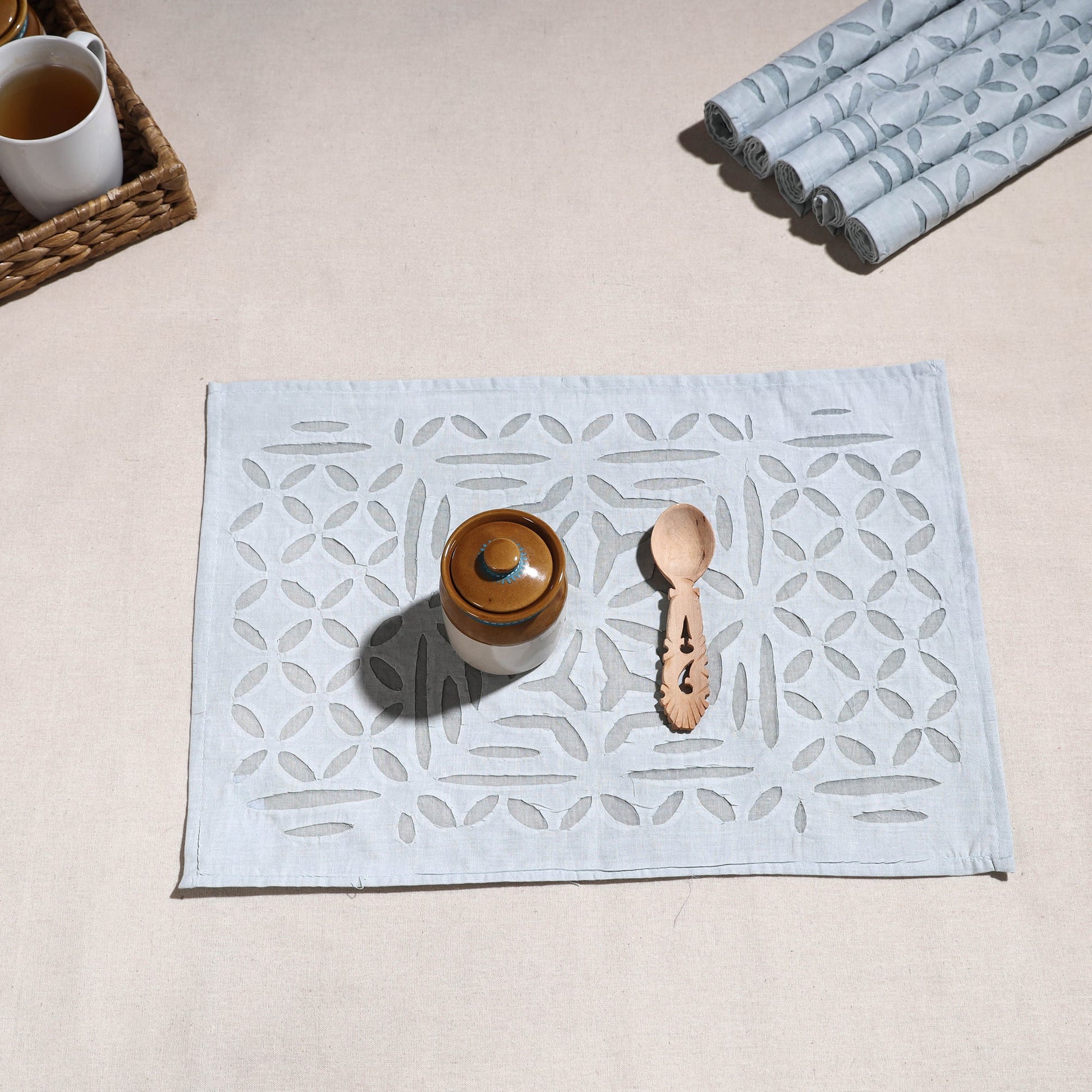 Blue - Applique Cut work Cotton Table Mats (set of 6)