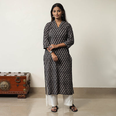 Black - Jahota Block Printed Cotton Straight Kurta 01