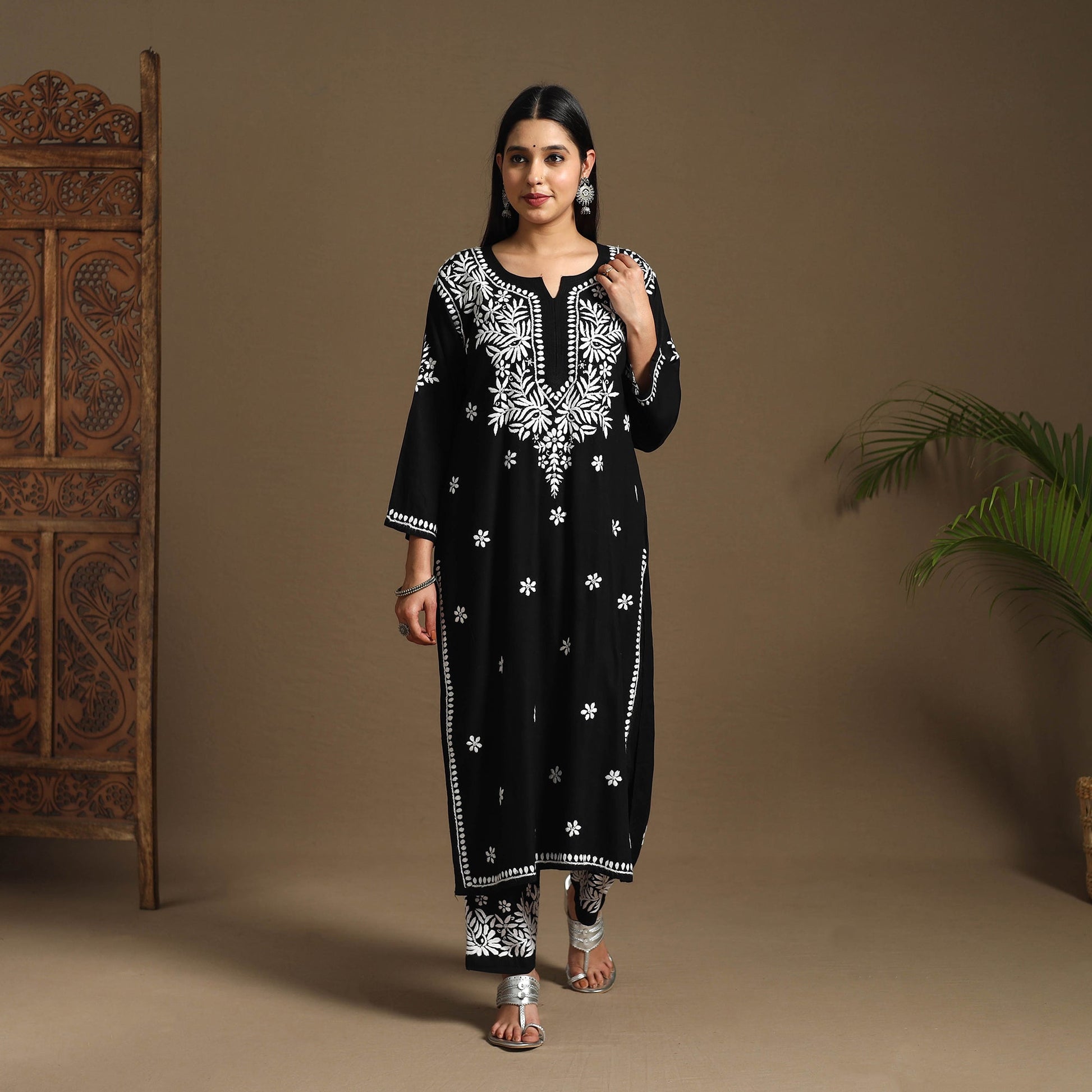 Black - Hand Embroidered Rayon Chikankari Kurta with Pant Set 03