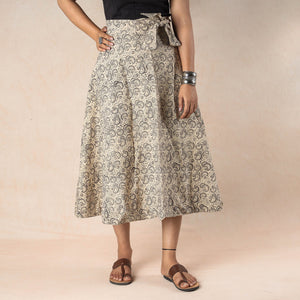 Beige - Kalamkari Block Printed Cotton Wrap Around Skirt