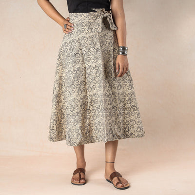 Beige - Kalamkari Block Printed Cotton Wrap Around Skirt