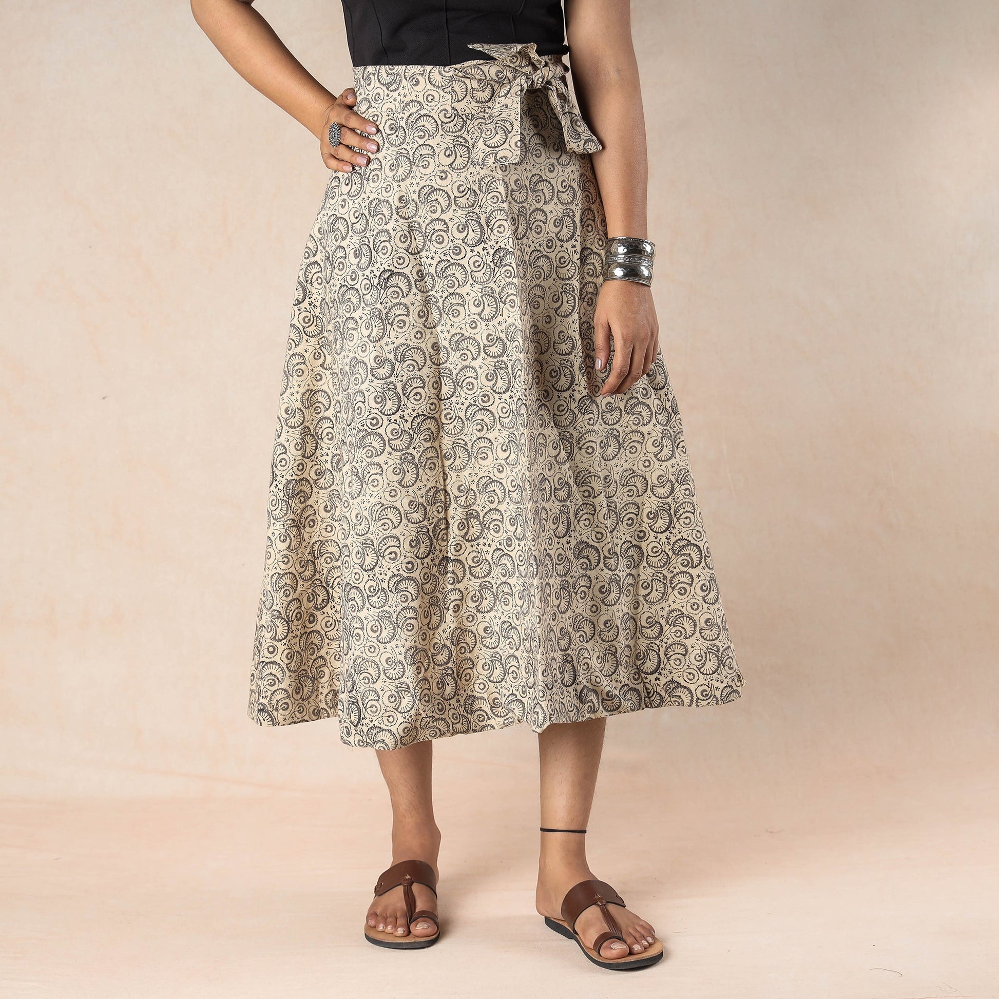 Beige - Kalamkari Block Printed Cotton Wrap Around Skirt