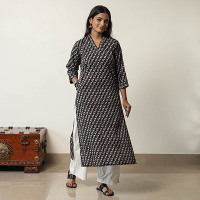 Black - Jahota Block Printed Cotton Straight Kurta 01