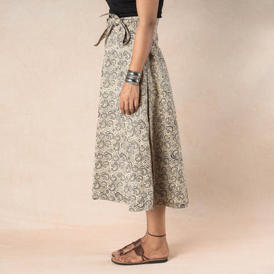 Beige - Kalamkari Block Printed Cotton Wrap Around Skirt