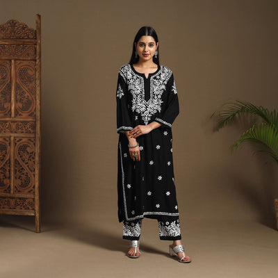 Black - Hand Embroidered Rayon Chikankari Kurta with Pant Set 03