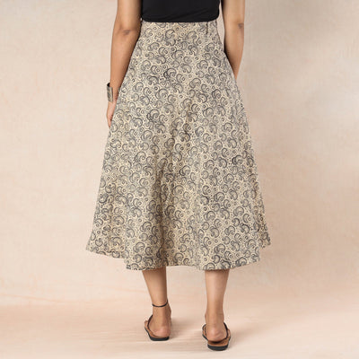 Beige - Kalamkari Block Printed Cotton Wrap Around Skirt