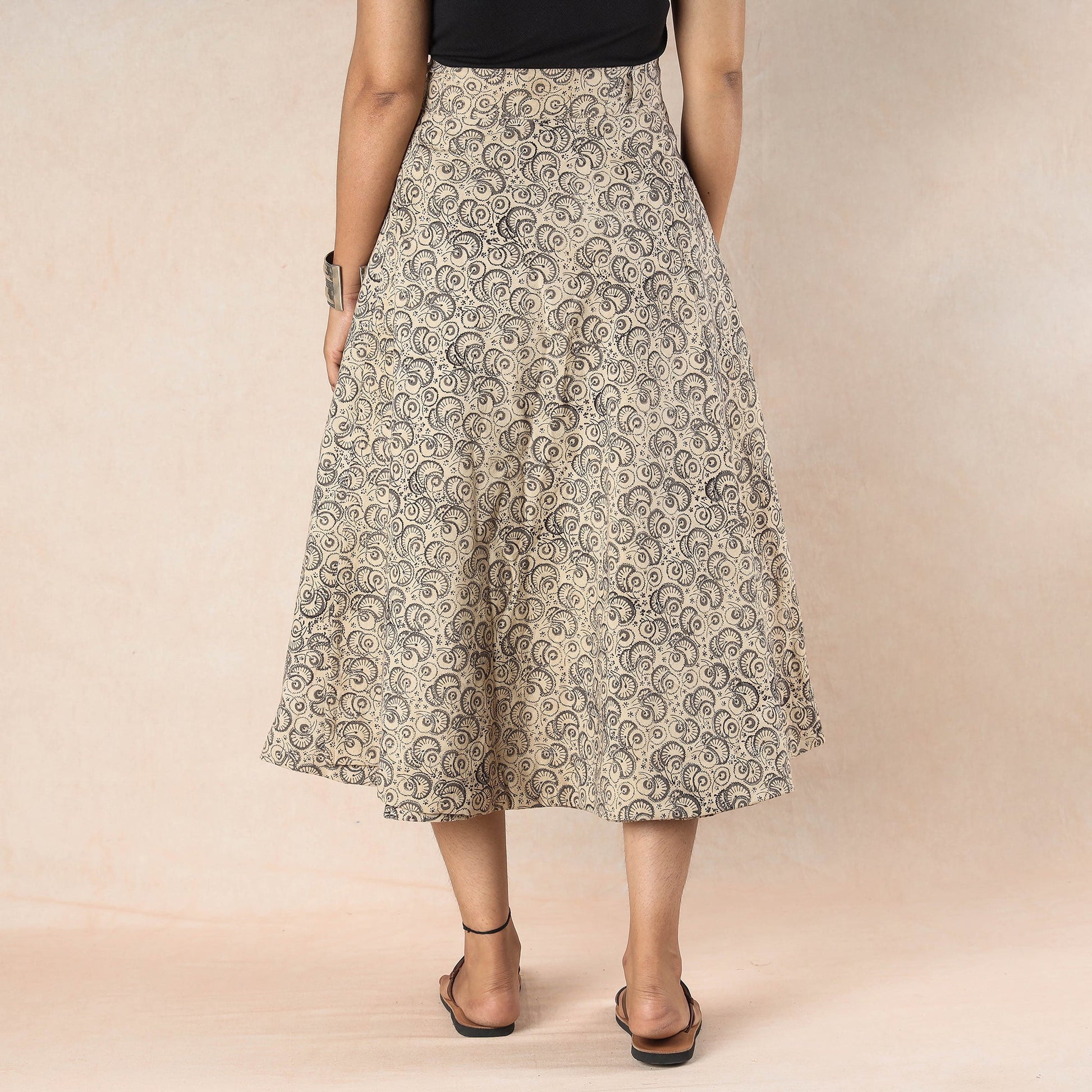 Beige - Kalamkari Block Printed Cotton Wrap Around Skirt