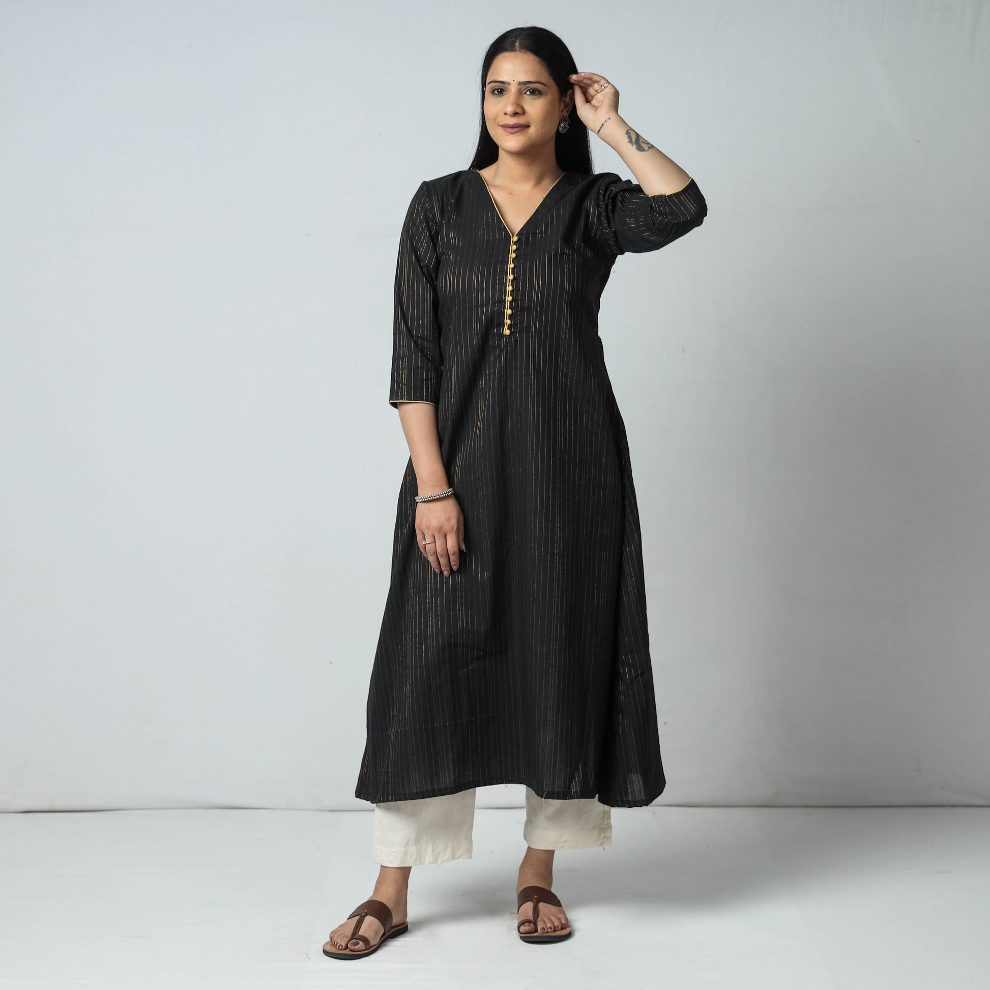 Black - Jacquard Cotton A-Line Long Kurta