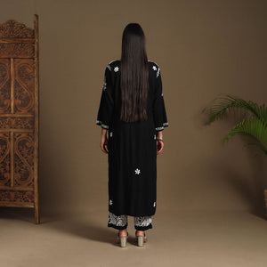 Black - Hand Embroidered Rayon Chikankari Kurta with Pant Set 03