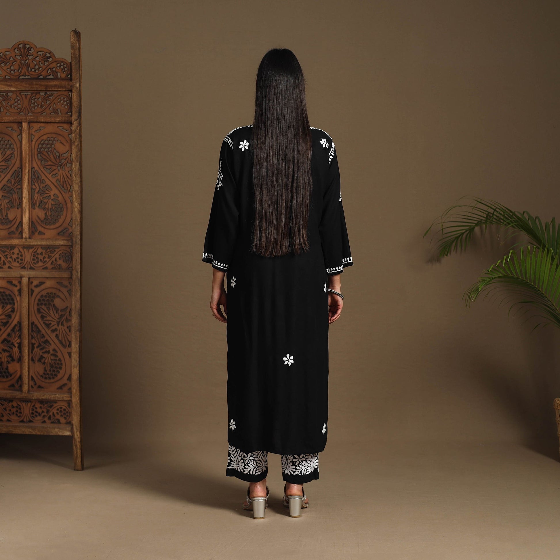 Black - Hand Embroidered Rayon Chikankari Kurta with Pant Set 03