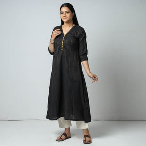 Black - Jacquard Cotton A-Line Long Kurta