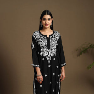 Black - Hand Embroidered Rayon Chikankari Kurta with Pant Set 03