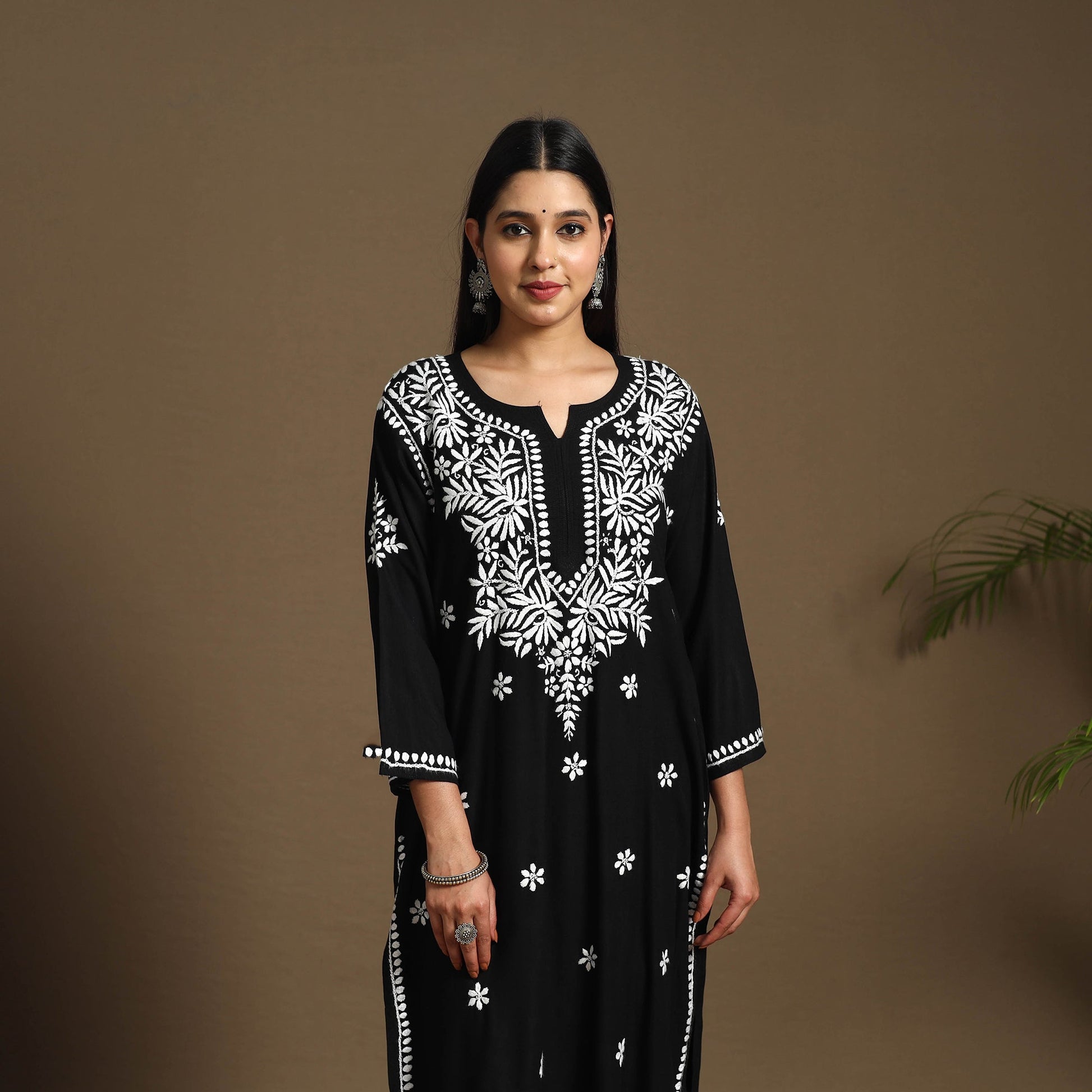 Black - Hand Embroidered Rayon Chikankari Kurta with Pant Set 03