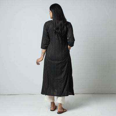 Black - Jacquard Cotton A-Line Long Kurta