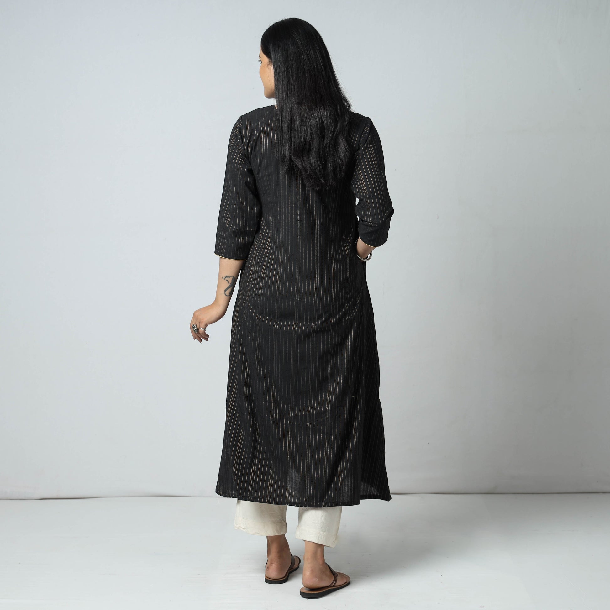 Black - Jacquard Cotton A-Line Long Kurta