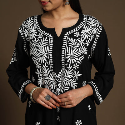 Black - Hand Embroidered Rayon Chikankari Kurta with Pant Set 03