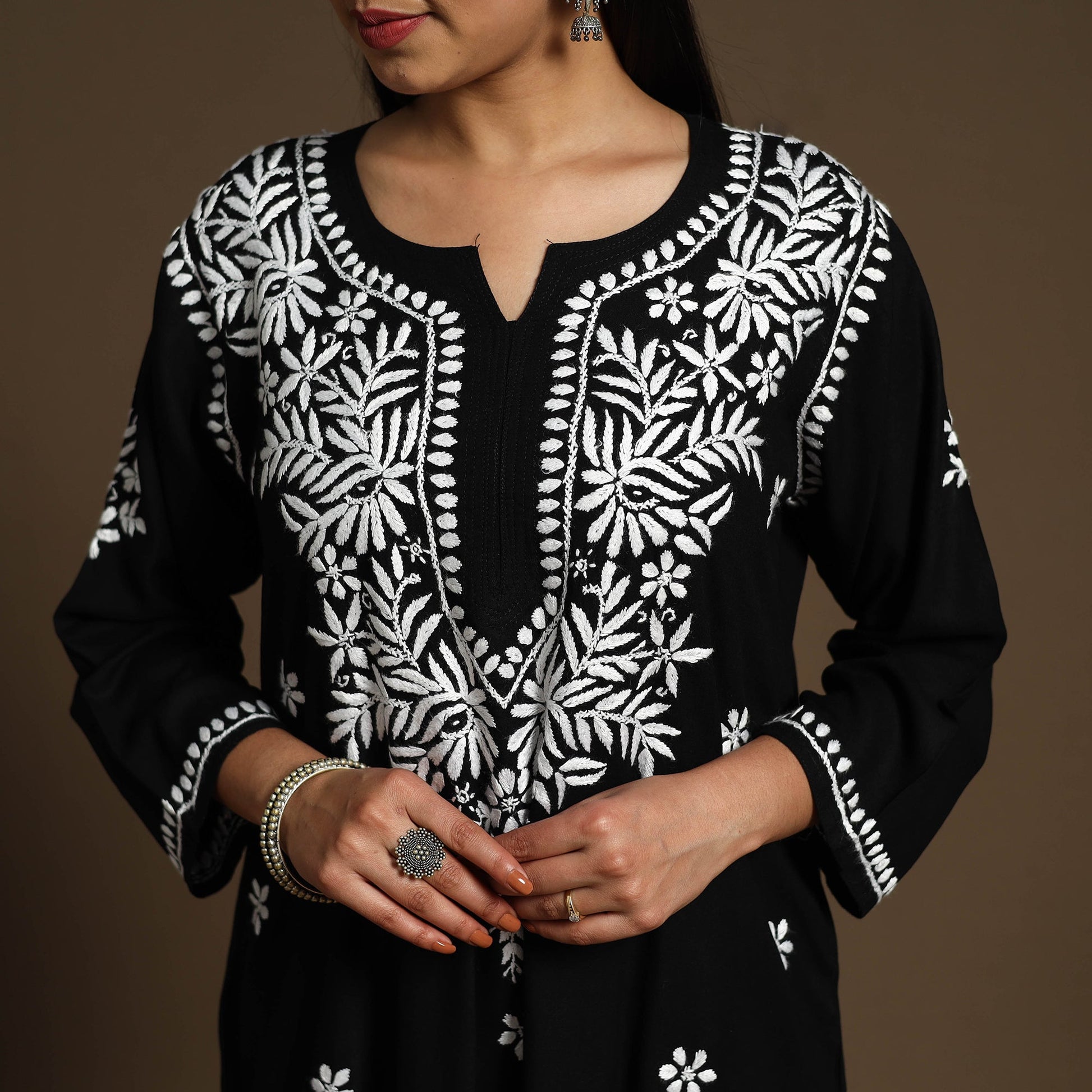 Black - Hand Embroidered Rayon Chikankari Kurta with Pant Set 03