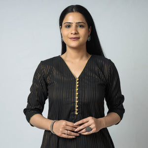 Black - Jacquard Cotton A-Line Long Kurta