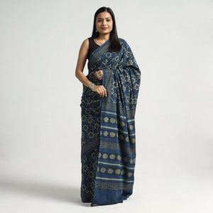 Blue - Akola Hand Block Printed Cotton Saree