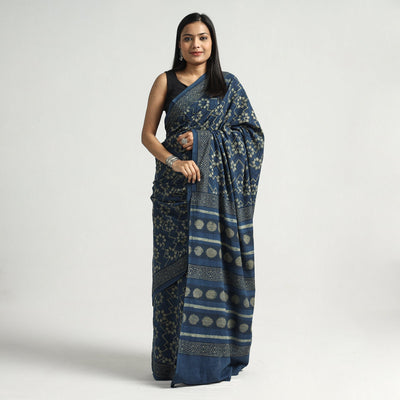 Blue - Akola Hand Block Printed Cotton Saree