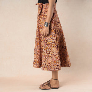 Brown - Kalamkari Block Printed Cotton Wrap Around Skirt