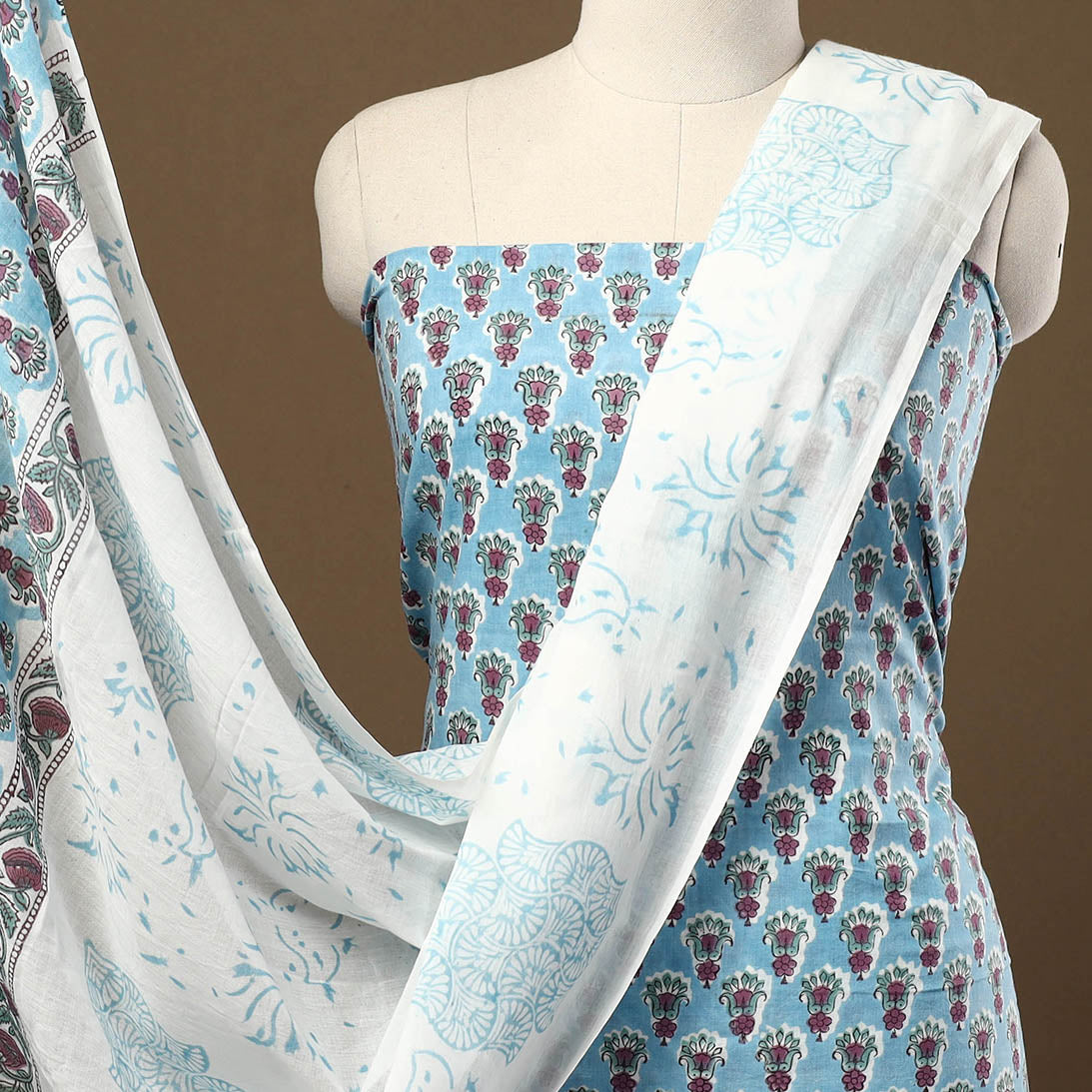 Blue - 3pc Sanganeri Block Print Cotton Dress Material 25