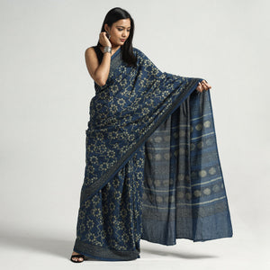 Blue - Akola Hand Block Printed Cotton Saree