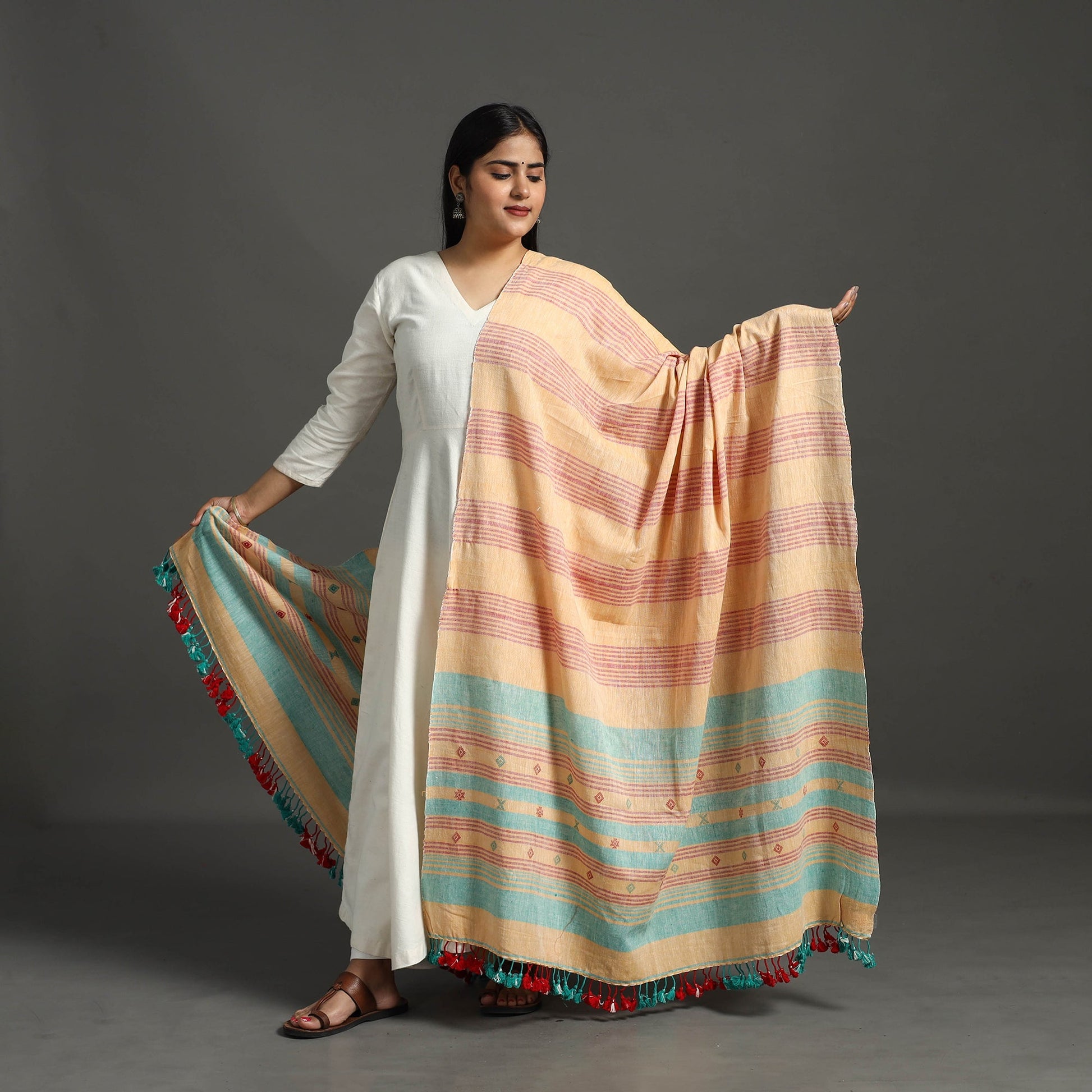 Beige - Organic Kala Cotton Kutch Weave Pure Handloom Dupatta