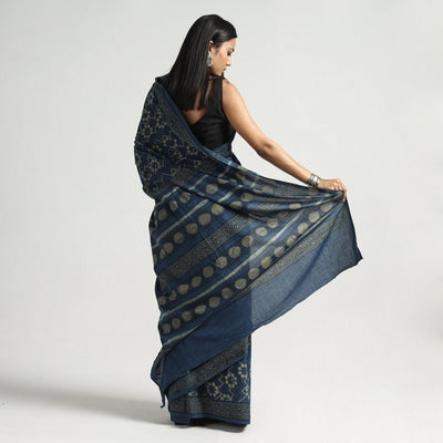 Blue - Akola Hand Block Printed Cotton Saree
