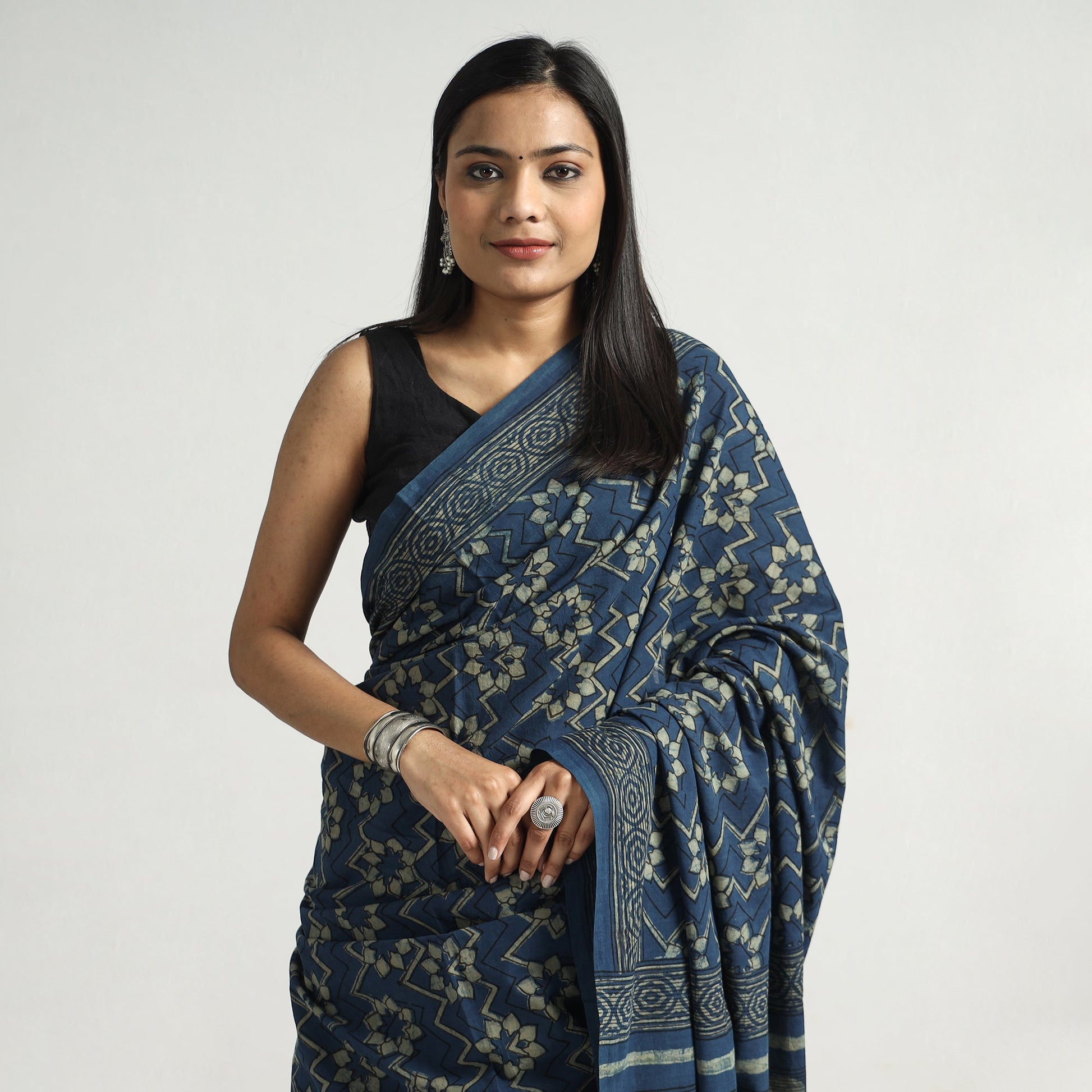 Blue - Akola Hand Block Printed Cotton Saree