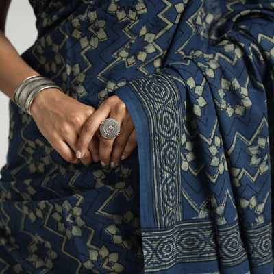 Blue - Akola Hand Block Printed Cotton Saree