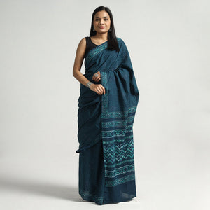 Blue - Akola Hand Block Printed Cotton Saree