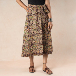Brown - Kalamkari Block Printed Cotton Wrap Around Skirt