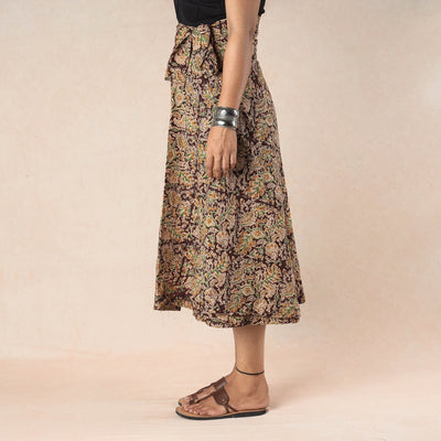 Brown - Kalamkari Block Printed Cotton Wrap Around Skirt