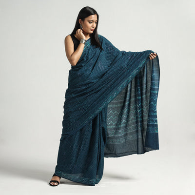 Blue - Akola Hand Block Printed Cotton Saree