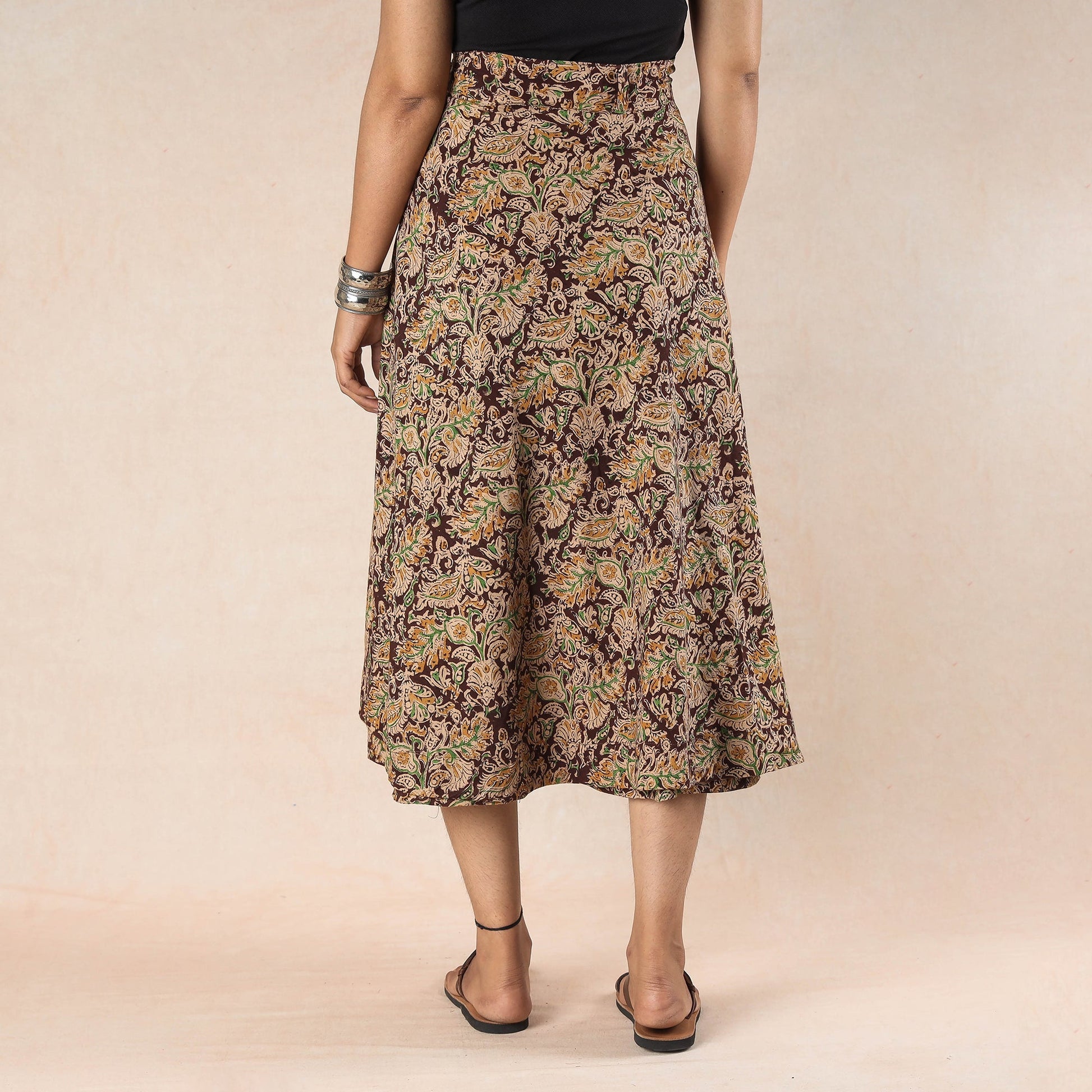 Brown - Kalamkari Block Printed Cotton Wrap Around Skirt